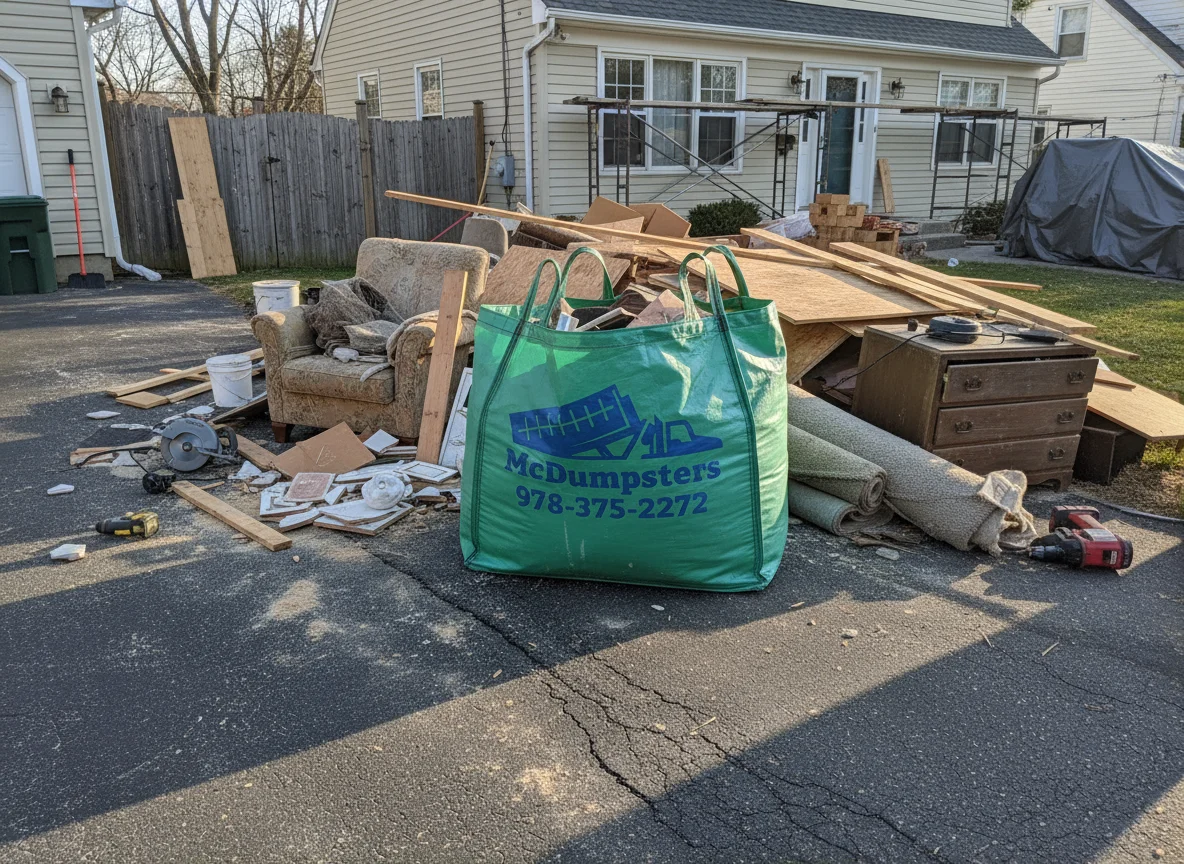 McDumpsters debris bag on a residential driveway in Billerica, MA